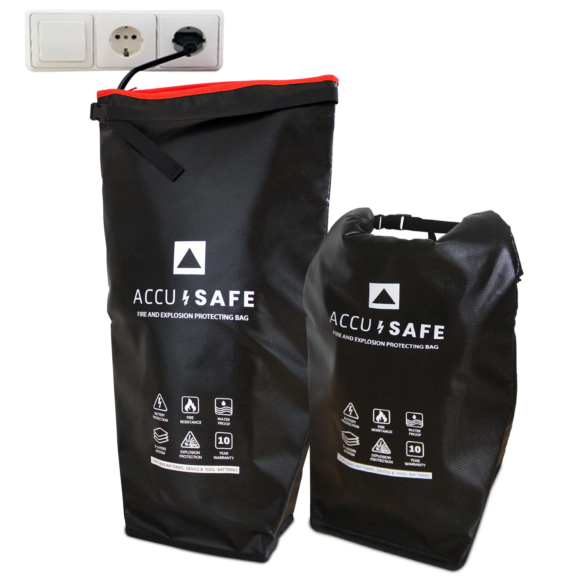 Mapille 2 stuks e-bike accutas, zwart, vuurvast tot 1400 °C, accutas, waterdicht, explosiebestendig, beschermhoes voor e-bike accu beschermhoes, grote ruimte voor opslag en transport, 49 x 15 x 15 cm