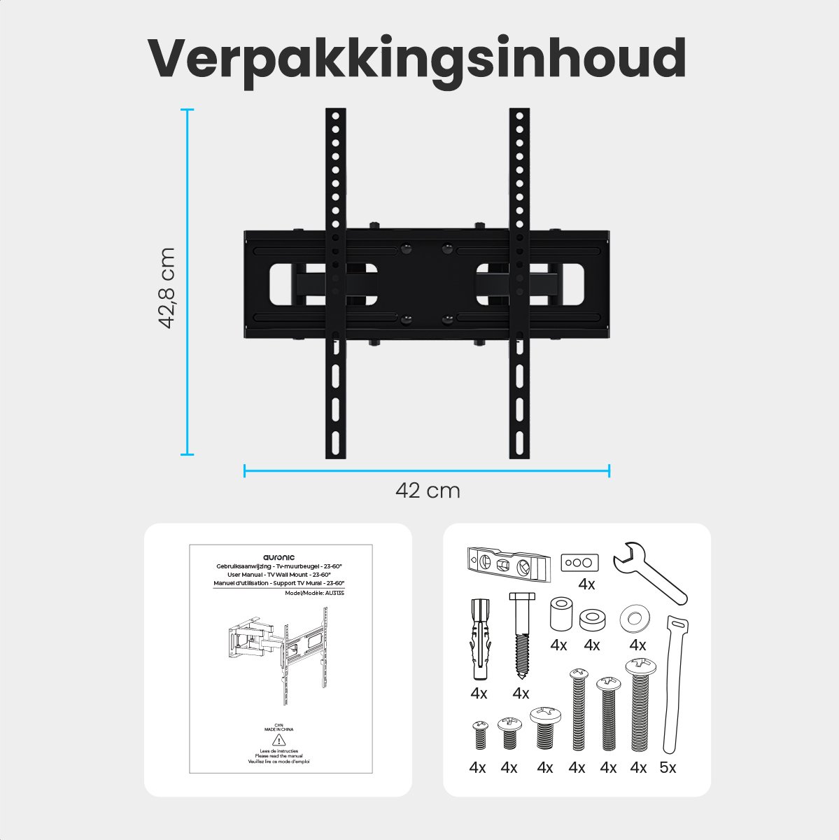Wandhouder Voor TV En Monitor – 13 Tot 37 Inch, Max 15 Kg, VESA 75x75 En 100x100, Stalen Beugel Met Schroeven